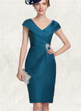 Kaleigh Sheath/Column V-Neck Knee-Length Satin Cocktail Dress With Crystal Brooch Pleated UKP0021177