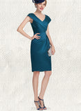 Kaleigh Sheath/Column V-Neck Knee-Length Satin Cocktail Dress With Crystal Brooch Pleated UKP0021177