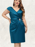 Kaleigh Sheath/Column V-Neck Knee-Length Satin Cocktail Dress With Crystal Brooch Pleated UKP0021177