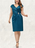 Kaleigh Sheath/Column V-Neck Knee-Length Satin Cocktail Dress With Crystal Brooch Pleated UKP0021177