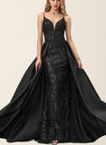 Emelia Sheath/Column V-Neck Floor-Length Satin Sequin Evening Dress UKP0021179