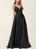 Emelia Sheath/Column V-Neck Floor-Length Satin Sequin Evening Dress UKP0021179