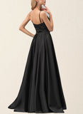 Emelia Sheath/Column V-Neck Floor-Length Satin Sequin Evening Dress UKP0021179