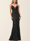 Emelia Sheath/Column V-Neck Floor-Length Satin Sequin Evening Dress UKP0021179