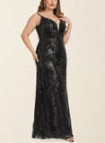 Emelia Sheath/Column V-Neck Floor-Length Satin Sequin Evening Dress UKP0021179