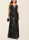 Emelia Sheath/Column V-Neck Floor-Length Satin Sequin Evening Dress UKP0021179