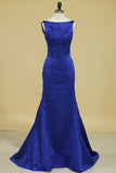 Bateau Open Back Evening Dresses Mermaid Satin With Applique