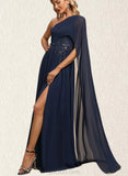 Chanel A-line One Shoulder Floor-Length Chiffon Evening Dress With Pleated Appliques Lace Sequins UKP0021181