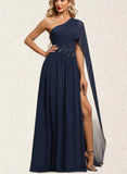 Chanel A-line One Shoulder Floor-Length Chiffon Evening Dress With Pleated Appliques Lace Sequins UKP0021181