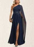 Chanel A-line One Shoulder Floor-Length Chiffon Evening Dress With Pleated Appliques Lace Sequins UKP0021181