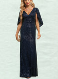 Keyla Sheath/Column V-Neck Floor-Length Sequin Evening Dress UKP0021182