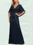 Keyla Sheath/Column V-Neck Floor-Length Sequin Evening Dress UKP0021182