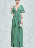 Lilia A-line V-Neck Floor-Length Chiffon Evening Dress With Beading Cascading Ruffles UKP0021184