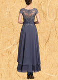 Sophia A-line Scoop Illusion Asymmetrical Chiffon Lace Cocktail Dress With Beading UKP0021186