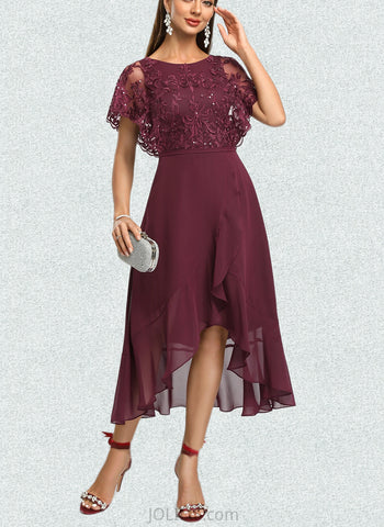 Carina A-line Scoop Asymmetrical Chiffon Lace Cocktail Dress With Cascading Ruffles Sequins UKP0021188