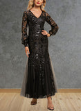 Lucia Trumpet/Mermaid V-Neck Ankle-Length Lace Tulle Sequin Evening Dress UKP0021189