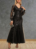 Lucia Trumpet/Mermaid V-Neck Ankle-Length Lace Tulle Sequin Evening Dress UKP0021189