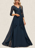 Leila A-line V-Neck Floor-Length Chiffon Lace Evening Dress With Cascading Ruffles Sequins UKP0021191