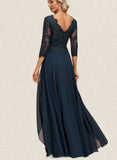 Leila A-line V-Neck Floor-Length Chiffon Lace Evening Dress With Cascading Ruffles Sequins UKP0021191