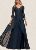 Leila A-line V-Neck Floor-Length Chiffon Lace Evening Dress With Cascading Ruffles Sequins UKP0021191