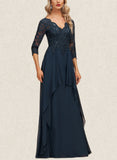 Leila A-line V-Neck Floor-Length Chiffon Lace Evening Dress With Cascading Ruffles Sequins UKP0021191