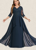 Leila A-line V-Neck Floor-Length Chiffon Lace Evening Dress With Cascading Ruffles Sequins UKP0021191