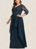 Leila A-line V-Neck Floor-Length Chiffon Lace Evening Dress With Cascading Ruffles Sequins UKP0021191