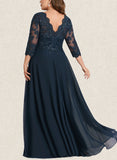 Leila A-line V-Neck Floor-Length Chiffon Lace Evening Dress With Cascading Ruffles Sequins UKP0021191