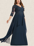 Leila A-line V-Neck Floor-Length Chiffon Lace Evening Dress With Cascading Ruffles Sequins UKP0021191