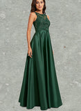 Julissa Ball-Gown/Princess Scoop Floor-Length Lace Satin Prom Dresses With Sequins UKP0021192