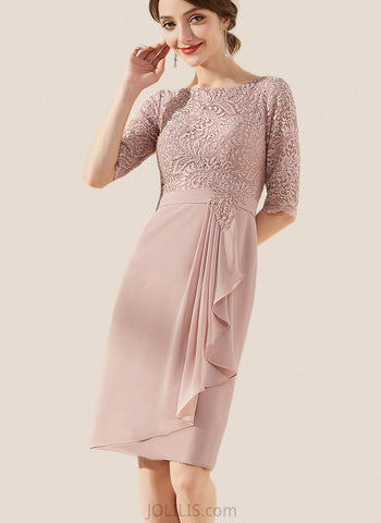 Giana Sheath/Column Scoop Knee-Length Chiffon Lace Cocktail Dress With Beading Cascading Ruffles UKP0021195