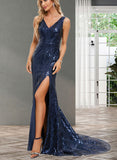 Desirae Trumpet/Mermaid V-Neck Sweep Train Sequin Prom Dresses With Sequins UKP0021199