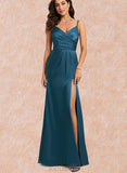 Raina Sheath/Column V-Neck Floor-Length Silky Satin Prom Dresses With Pleated UKP0021200