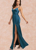 Raina Sheath/Column V-Neck Floor-Length Silky Satin Prom Dresses With Pleated UKP0021200