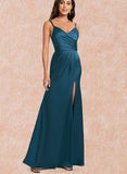 Raina Sheath/Column V-Neck Floor-Length Silky Satin Prom Dresses With Pleated UKP0021200