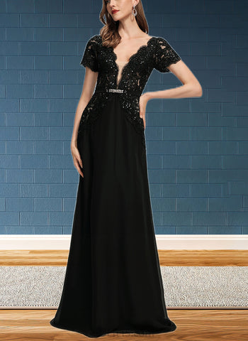 Madalynn A-line V-Neck Floor-Length Chiffon Lace Evening Dress With Beading Sequins UKP0021201