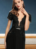 Madalynn A-line V-Neck Floor-Length Chiffon Lace Evening Dress With Beading Sequins UKP0021201