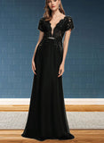 Madalynn A-line V-Neck Floor-Length Chiffon Lace Evening Dress With Beading Sequins UKP0021201