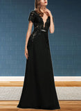 Madalynn A-line V-Neck Floor-Length Chiffon Lace Evening Dress With Beading Sequins UKP0021201