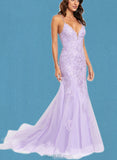 Kasey Trumpet/Mermaid V-Neck Sweep Train Lace Tulle Prom Dresses With Sequins UKP0021205