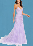 Kasey Trumpet/Mermaid V-Neck Sweep Train Lace Tulle Prom Dresses With Sequins UKP0021205