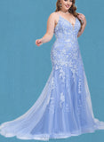 Kasey Trumpet/Mermaid V-Neck Sweep Train Lace Tulle Prom Dresses With Sequins UKP0021205