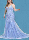 Kasey Trumpet/Mermaid V-Neck Sweep Train Lace Tulle Prom Dresses With Sequins UKP0021205