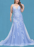 Kasey Trumpet/Mermaid V-Neck Sweep Train Lace Tulle Prom Dresses With Sequins UKP0021205