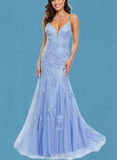 Kasey Trumpet/Mermaid V-Neck Sweep Train Lace Tulle Prom Dresses With Sequins UKP0021205