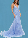 Kasey Trumpet/Mermaid V-Neck Sweep Train Lace Tulle Prom Dresses With Sequins UKP0021205