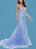 Kasey Trumpet/Mermaid V-Neck Sweep Train Lace Tulle Prom Dresses With Sequins UKP0021205