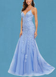 Kasey Trumpet/Mermaid V-Neck Sweep Train Lace Tulle Prom Dresses With Sequins UKP0021205