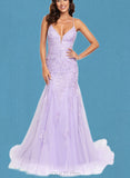 Kasey Trumpet/Mermaid V-Neck Sweep Train Lace Tulle Prom Dresses With Sequins UKP0021205