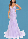 Kasey Trumpet/Mermaid V-Neck Sweep Train Lace Tulle Prom Dresses With Sequins UKP0021205